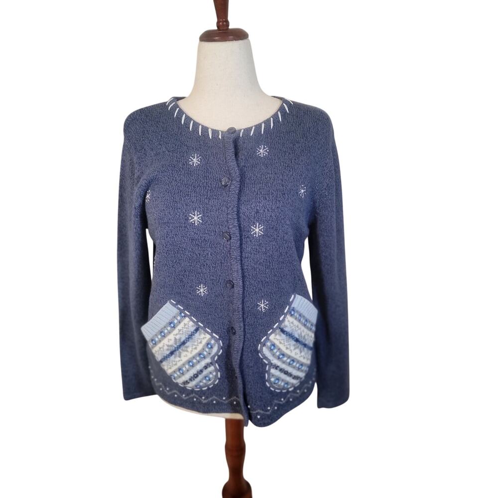 Vintage Whimsy Beaded Classic Elements Blue Holiday Sweater Size Medium